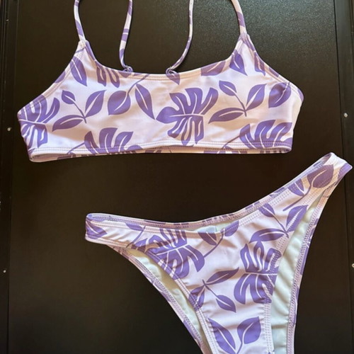 Shein leaf print bikini set new, white and purple