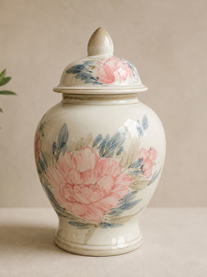 Vintage ceramic vase with lid and floral design, 1980s
