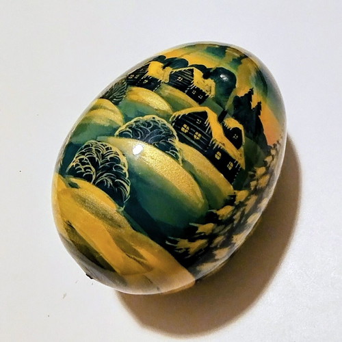 Vintage Russian wooden egg 10cm with lacquer and winter landscape
