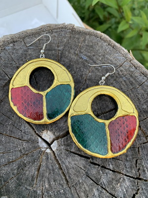 Wood earrings with snake leather and gold leaf new