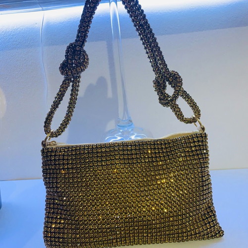 Evening shoulder bag new, gold with rhinestones