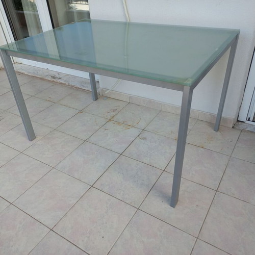 Metal kitchen balcony table with sandblasted glass, like new, 120x80cm
