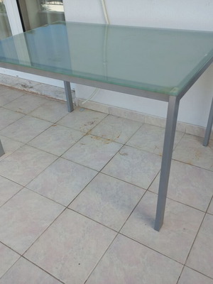 Metal kitchen balcony table with sandblasted glass, like new, 120x80cm