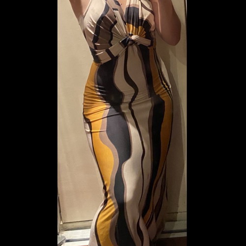 Maxi dress size XS, beige mustard brown black, condition 10/10