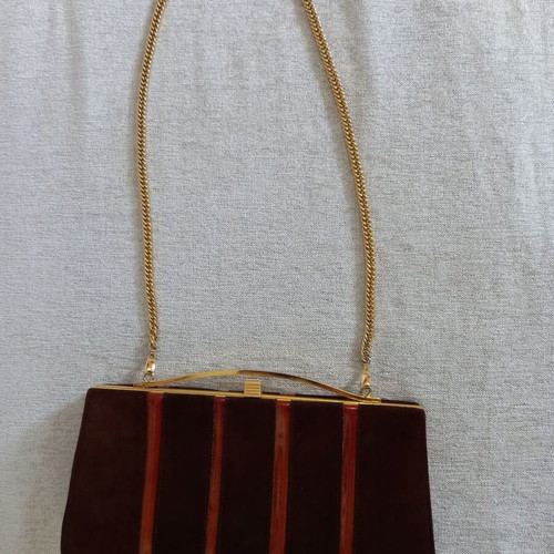 Women's evening shoulder bag used brown suede with stripes