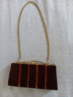 Women's evening shoulder bag used brown suede with stripes
