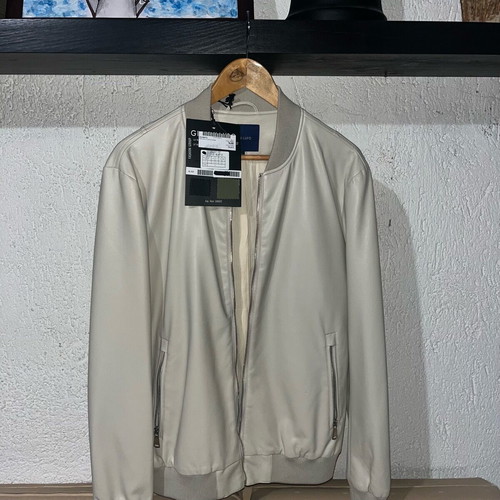 Bomber jacket text leather size M new, ice gray color