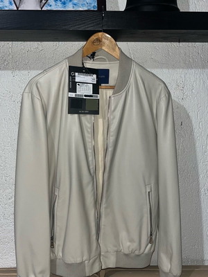 Bomber jacket text leather size M new, ice gray color