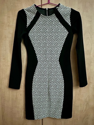 Mini dress black and white used, long-sleeve, fitted with zipper