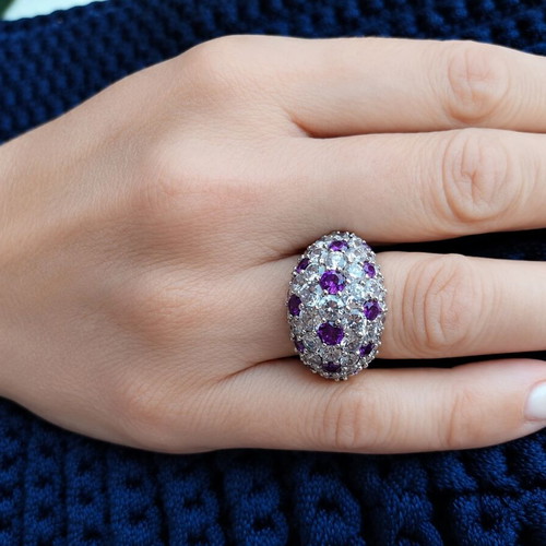 925 Silver Ring with Purple and White Crystals New