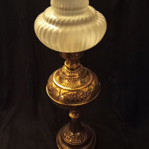 Vintage brass table lamp in oil lamp style with frosted glass