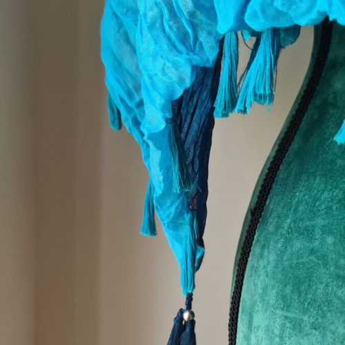 Large scarf like new, blue and turquoise with decorative tassels