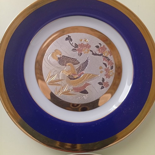 Set of 2 The Art of Chokin Japanese collectible plates 24K gold signed