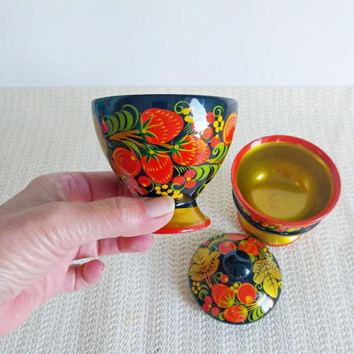 Vintage Russian Khokhloma wooden set like new, bowl and lidded box