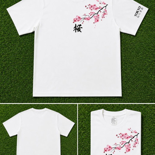 White T-shirt Japanese style Sakura design, size L