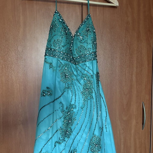 Charly evening dress like new, 100% silk turquoise with bead embroidery