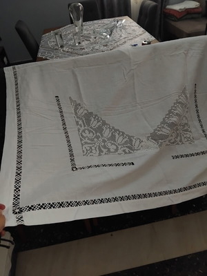 Linen curtain with azur machine embroidery, like new