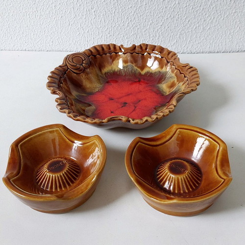 Ceramic set used with bowl and 2 ashtrays liquid lava style