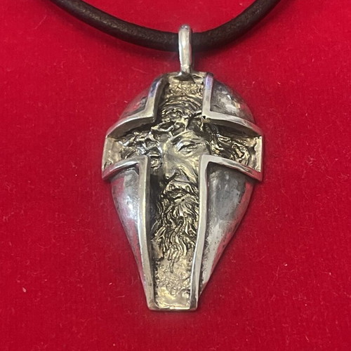 Stavros pendant with Christ depiction silver mass handcrafted used with leather cord