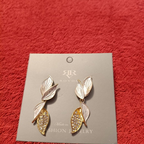 Rovog women's earrings new, leaf design with gold and rhinestones