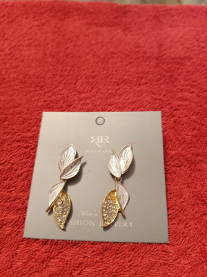 Rovog women's earrings new, leaf design with gold and rhinestones