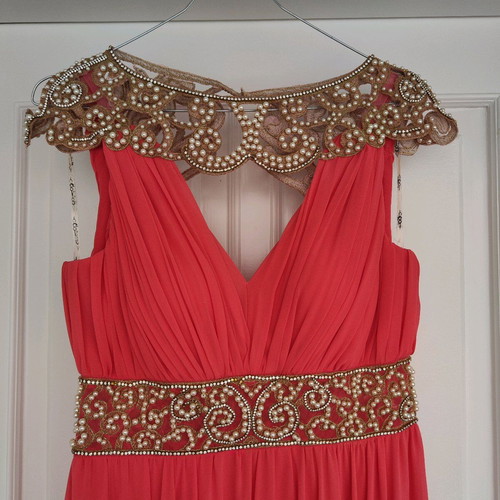 Maxi dress like new coral/salmon with gold lace and pearls, size 40