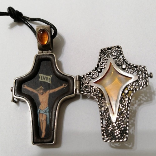 Vintage filigree opening cross from 925 silver, amber and ebony new