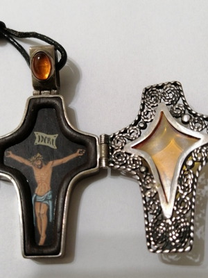 Σταυρός φιλιγκράν ανοιγόμενος Vintage από ασήμι 925, κεχριμπάρι και έβενο καινούργιος