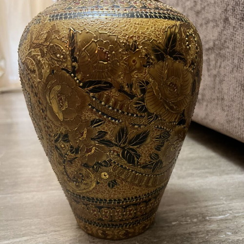 Satsuma Japanese ceramic vase set 1957, 2 pieces with authentic stamps