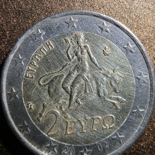 2 Euro 2002 Greece coin with 4 minting errors
