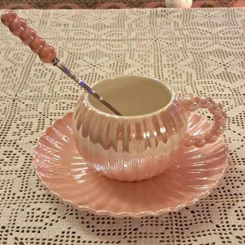 Coffee cup set new with saucer and spoon apricot pearlescent