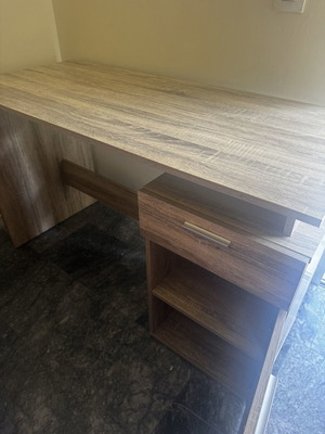 Wooden desk with drawer and open storage, brown oak finish