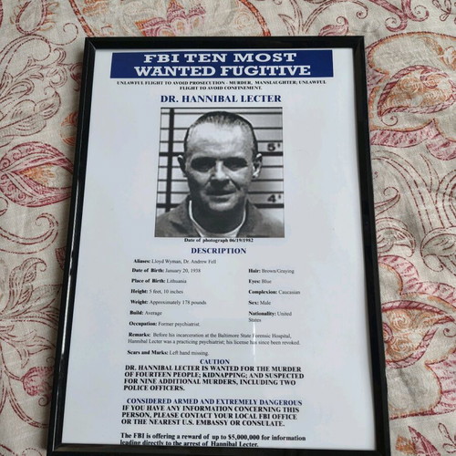 Hannibal Lecter Wanted Poster like new, A4 size with black frame