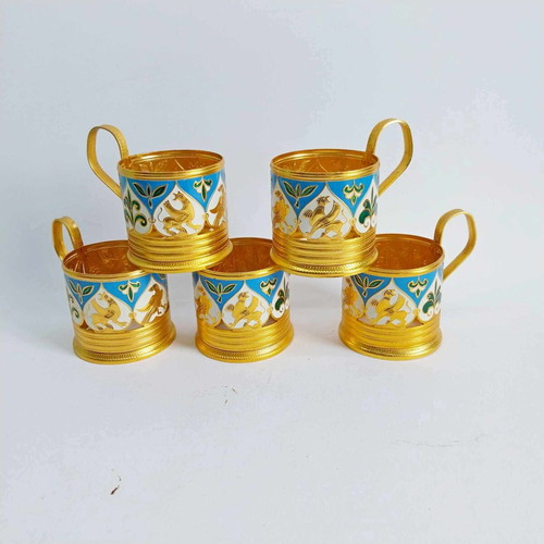 Set of 5 USSR enamelled aluminium podstakanniks, without glasses