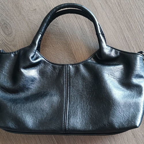 Handbag new with strap, black synthetic leather