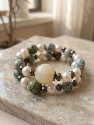 Moonstone Pearl Sage Agate Bead Bracelet new handmade jewellery