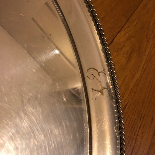 Oval silver-plated tray used with engraved monograms