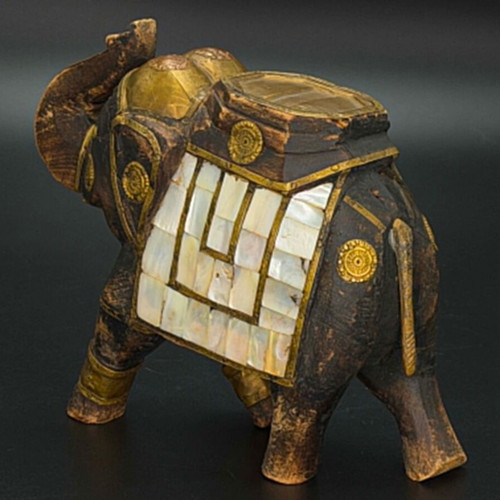 Decorative handmade vintage elephant wood brass mother of pearl