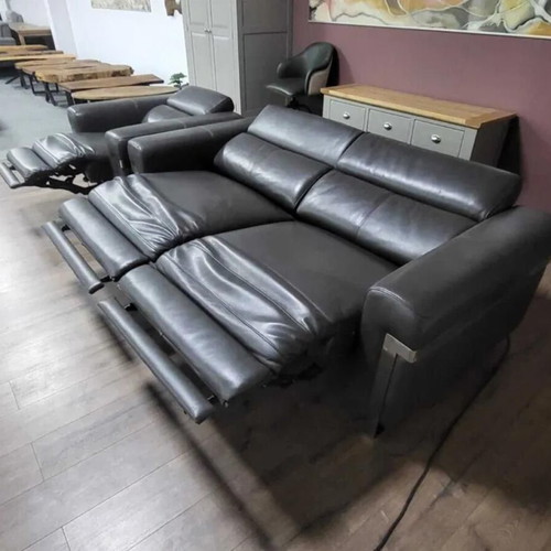 Moreno gray leather three-seater sofa and armchair with electric relax mechanism new