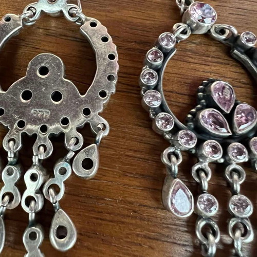 Silver chandelier earrings used with pink semi-precious stones