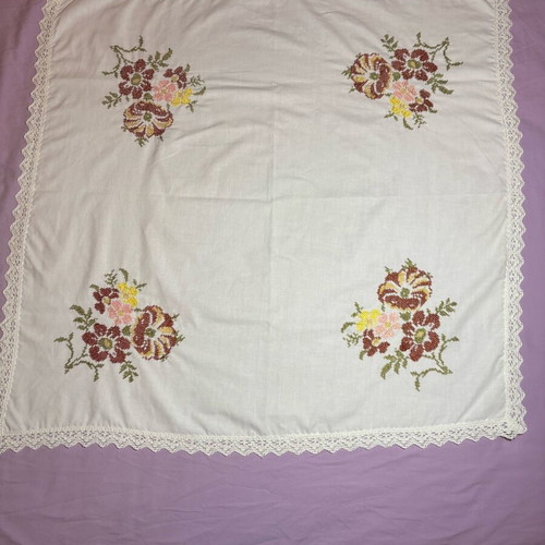 Linen handmade embroidered square doily like new