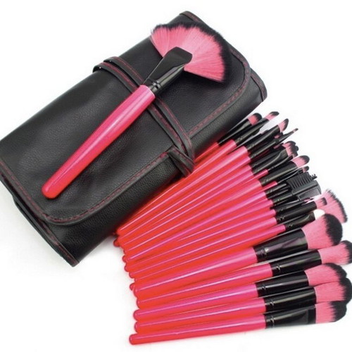 Professional Makeup Brush Set 24 Pieces with Carrying Case, Fuchsia Black