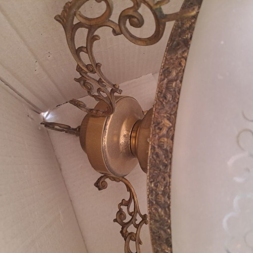 Ceiling light used, old brass with opaline shade