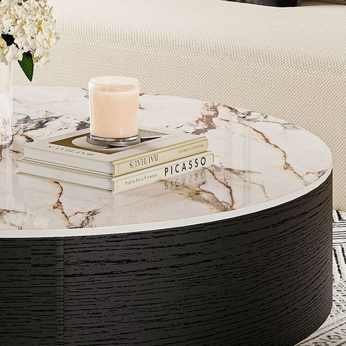 Modern coffee table with oak veneer and sintered stone top, new