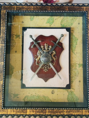Frame with war shield used, crossed swords, retro decor
