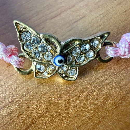 Macrame bracelet with butterfly and evil eye like new, pink