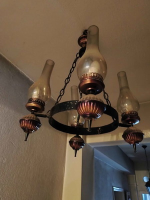 Antique metal ceiling light with glass shades, copper tones