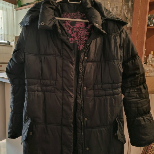 Black jacket with hood used, size large, slightly fitted