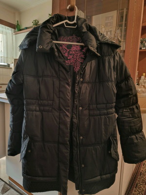 Black jacket with hood used, size large, slightly fitted
