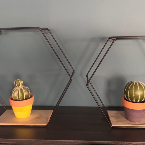 Metal wall shelves used set of 2 with wooden base hexagon